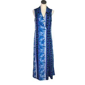 Coco Bianco Womens 12  Maxi Shift Dress Blue Floral Rayon Sleeveless Tiki VTG